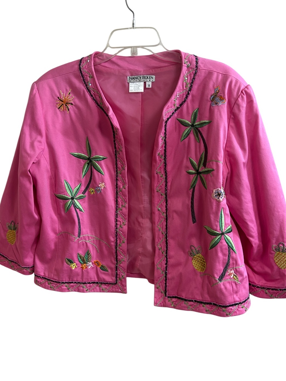 VTG Nancy Bolen City Girl Pink Embroidered Palm Tree Tropical Beaded Jacket 14